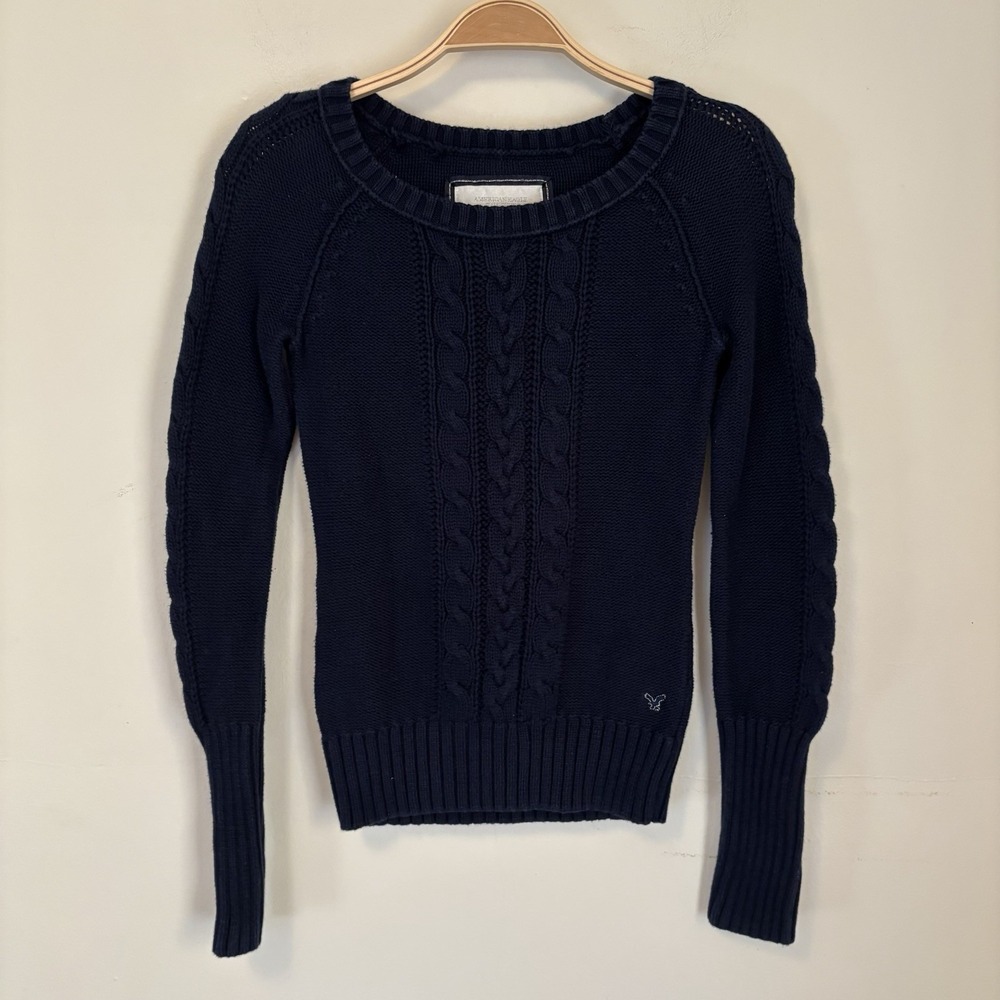 Y2K American Eagle Sweater Womens Cable Knit Blue Preppy Academia S
